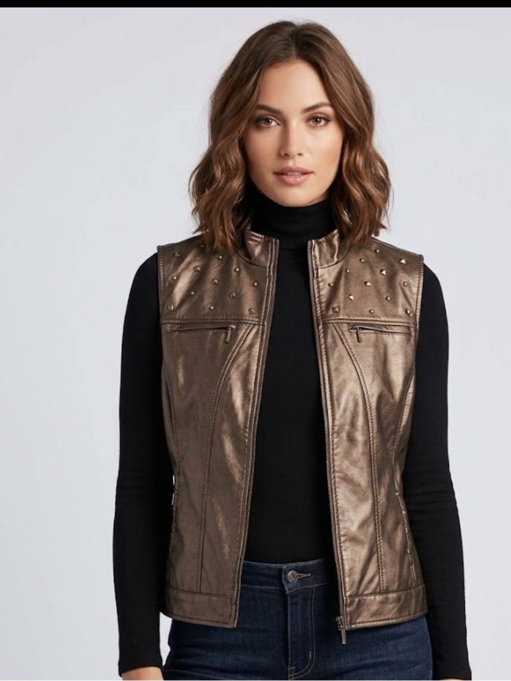 Erin London Bronze Brown Faux Leather Studded Zipper Biker Vest Women Size L